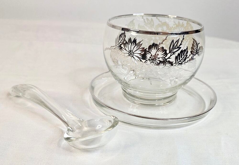 Vintage Silver Overlay Glass Gravy Bowl w/Attached Plate & Ladle MCM Art Deco